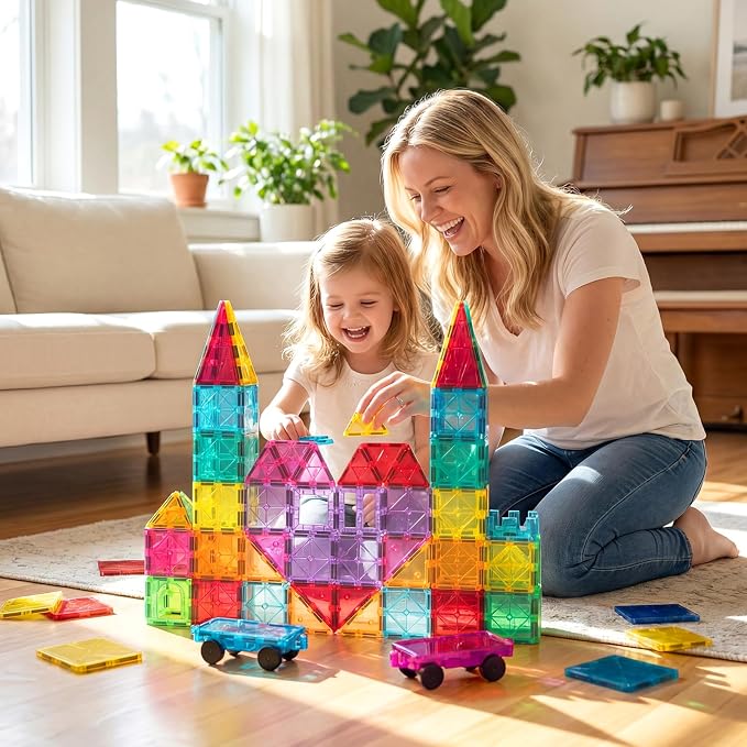 Bmag 130PCS Magnetic Tiles Building Blocks with 2 Cars | 3D Clear Magnet Blocks | STEM Preschool Toys for 3-9+ Kids | Christmas & Toddler Gift | Compatible with Major Brands