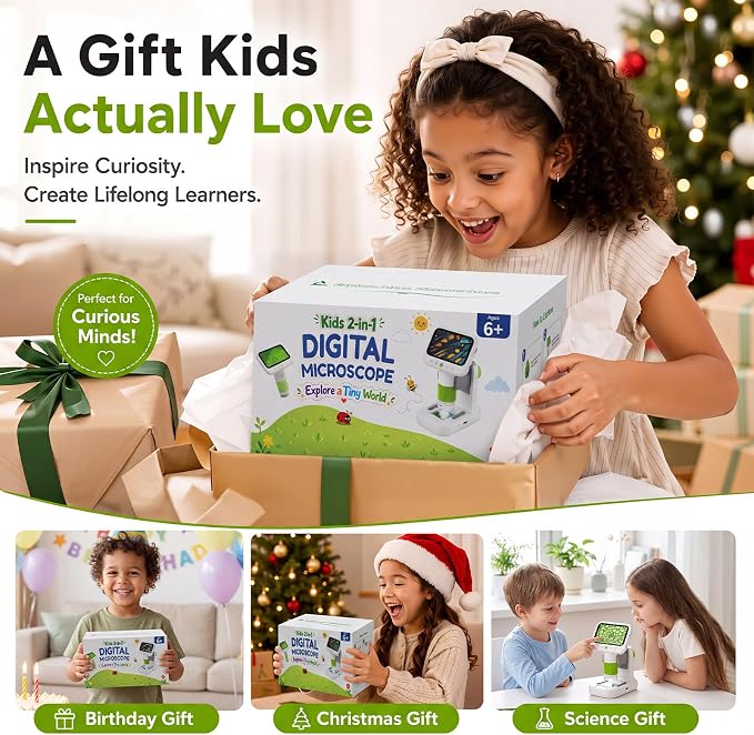 Kids Microscope with 1080P 4.3" Screen, 2-in-1 Desktop/Handheld Microscope | 1000X Microscope for Kids with 6 Slides, Photo/Video Capture, 8 LED Lights, 8GB Card, Birthday Christmas Gift for Kids 3-12