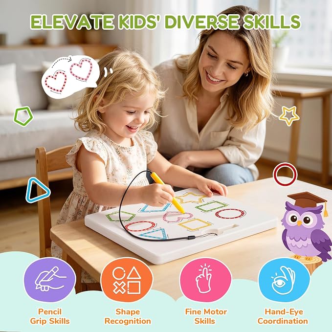 GAMENOTE Magnetic Shapes Lines Tracing Board Double Sided, Pencil Control | 2 in 1 pencil control practice toy, road trip car activity, preschool classroom learning, toy for kids ages 3-5
