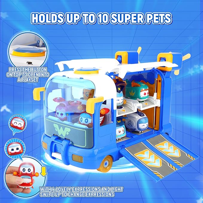 Super Wings Season 7 New Super Pets' Mini Base，Transforming Playset from Bus to Aircraft, with Super Pet Jett & Dizzy, Role Play Toys for Kids, Gifts for Girls Boys Age 3+