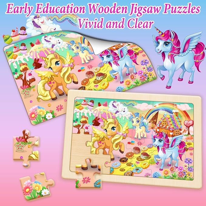 Wooden Puzzles for Kids Ages 4-6, 4 Pack 24 Pcs Toddler Puzzles Set for Ages 3-5, Educational Learning Toys Gift for Boys Girls 3-8 (Rainbow Unicorn, Starry Night, Candyland, Princess Castle)