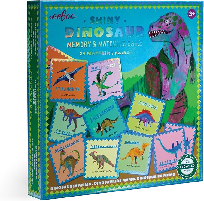 eeBoo Shiny Dinosaur Memory & Matching Game, Ages 3+, 1-4 Players | Teaches dinosaur names & pronunciation. Sharpens recognition, concentration & memory skills. Includes 48 foil tiles, 24 pairs