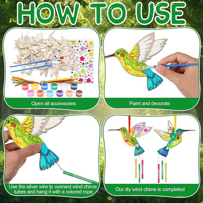 JellyArch 30 Pack Hummingbird Chime Craft Kit for Kids, DIY Painting Set | Wooden Ornament Art, Includes Chime Tubes Paints Brushes Stickers, Bulk Set for Summer Parties Group Activities