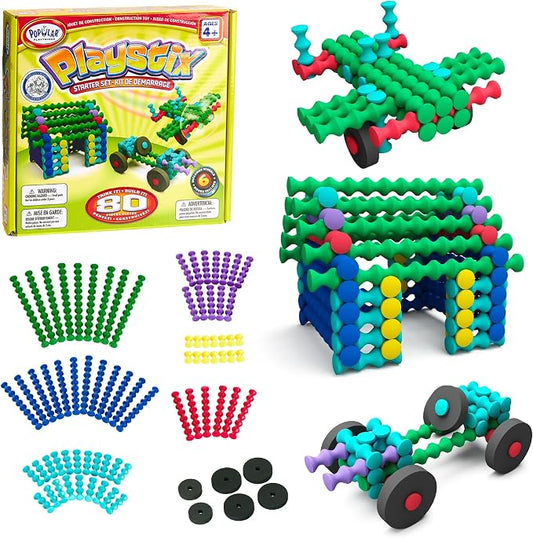 POPULAR PLAYTHINGS Playstix, Starter Set 80 Piece, Building Sticks Kit | for Kids Ages 4 and Up, Construction Stem Building Toy Gift, for Boys & Girls, for Kids