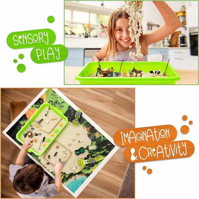 59 PCS Farm Sensory Bin - Sandbox with Lid, 2.2 LB Sensory Sand Kit for Boys, Toddler Farm Toys, 3 Take Apart Construction Trucks -Sensory Toys for Kids 5-7, 3-4 & Up- Kids Gifts for Boys and Girls