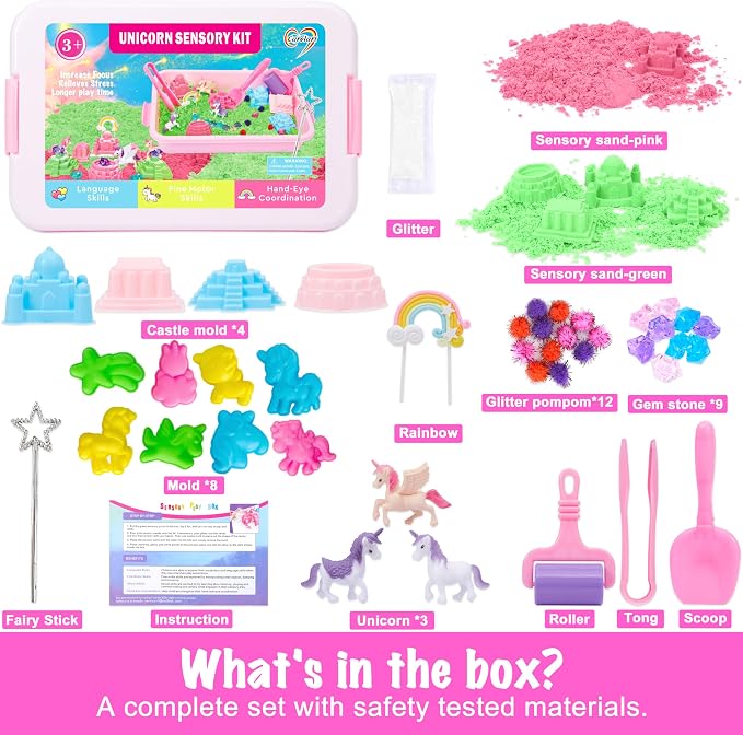Carolart Unicorn Sensory Bin, Sand Box Kit with Sensory Sand for Girls | Unicorn sand kit , Sensory kit with castle molds and storage bin for creative play, girls gifts for toddlers ages 3+