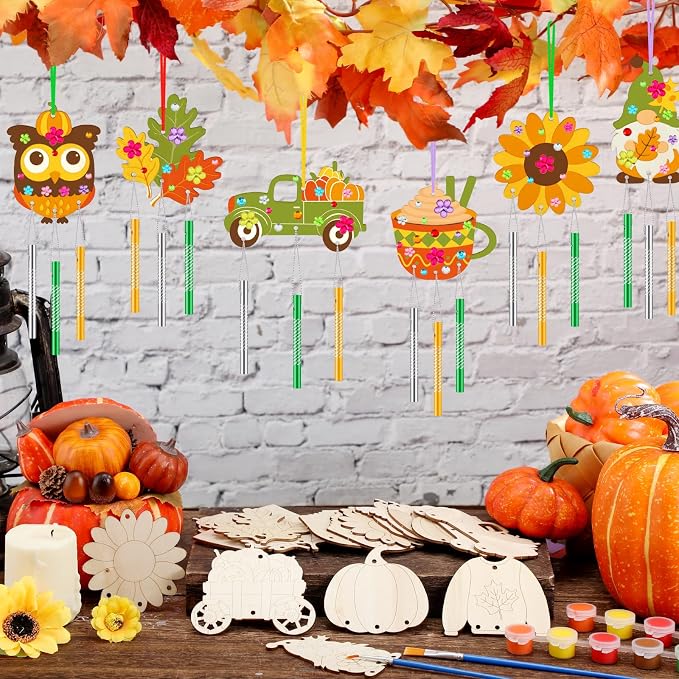 JellyArch 30 Pack Wind Chime Craft Kit Fall Harvest Wooden DIY for Adults | 10 Designs with Bells Paints, Bulk Party Favors Kids, Ocean Summer Crafts, Birthday Decoration Maple Leaf Ornaments