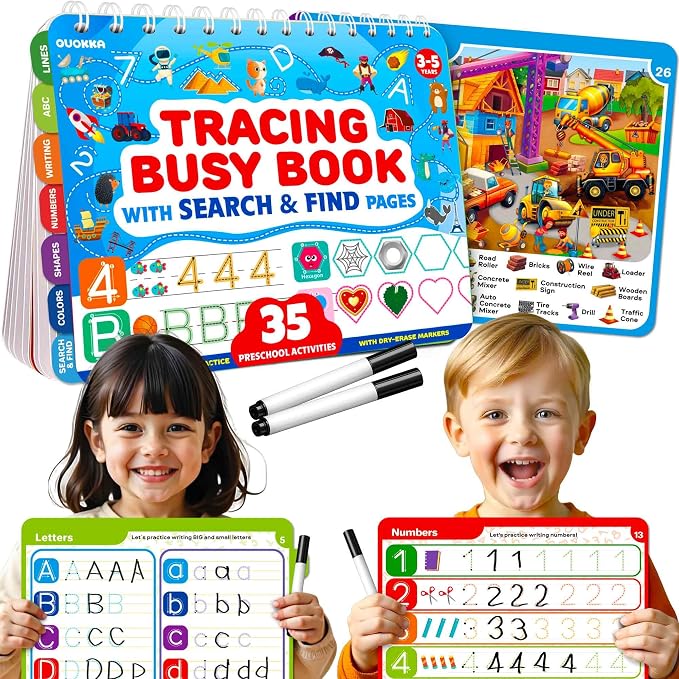 Busy Book for Toddlers 3-5 - Reusable Dry Erase Workbooks for Kids 4-6 | Adventure Search and Find Activity Pad - Toddler Workbook with Markers for Travel and Quiet Time