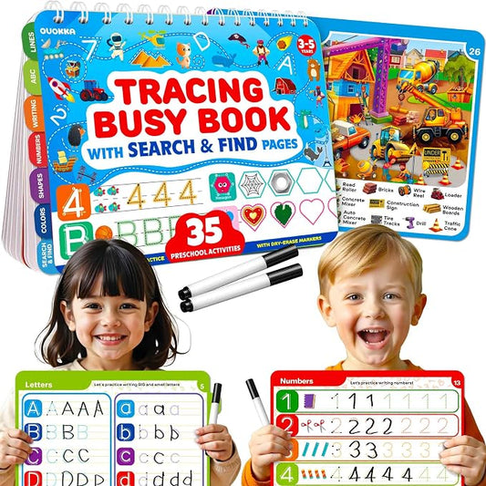 Busy Book for Toddlers 3-5 - Reusable Dry Erase Workbooks for Kids 4-6 | Adventure Search and Find Activity Pad - Toddler Workbook with Markers for Travel and Quiet Time