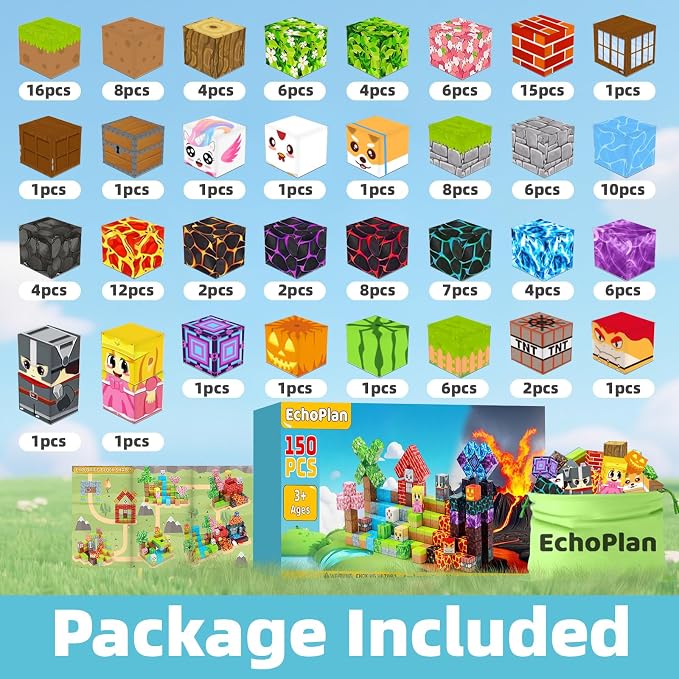 EchoPlan 150PCS Magnetic Blocks, Magnetic Building Blocks for Boys Girls | Magnet Blocks for Kids Ages 3 4 5 6 7 8 9 10, Sensory Stacking Toy Christmas Birthday Gifts for Kids, 1" Large Size