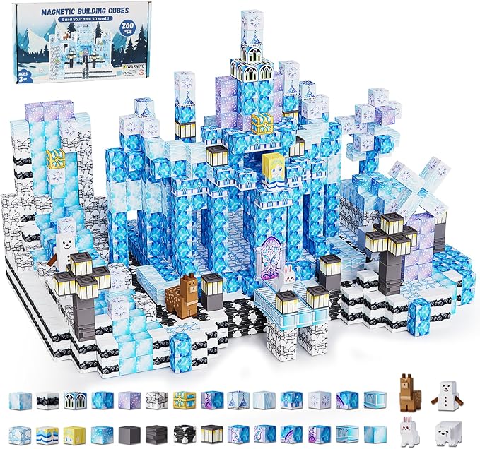 200PCS Magnetic Blocks, Magnetic Building Blocks, 0.78in Magnetic Building | STEM Game Stacking Toys for Kids, Birthday Gifts for Boys and Girls Age 3+ Years Old (ICE, Count, 200)