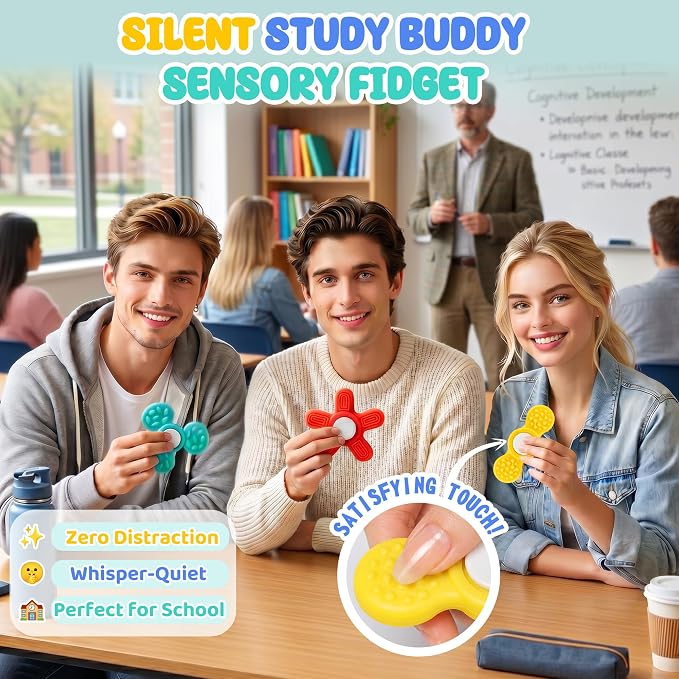 Silicone Sensory Fidget Spinner for Kids and Adults, Quiet Textured Fidget Toys with Soft Silicone Surface, Sensory Toys 4 Pack, Calm Focus Toy for Classroom, Office and Travel