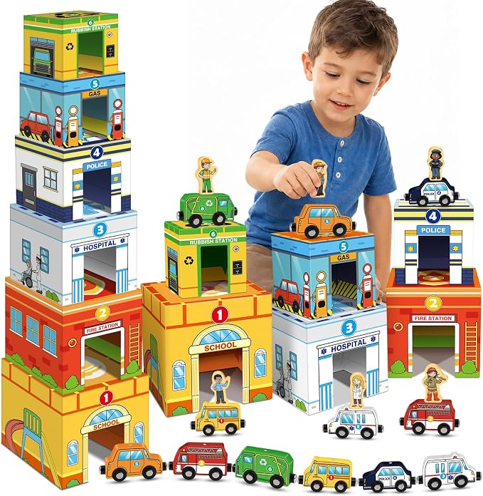 Magnetic Wooden Vehicles & STEM Sorting Blocks – Montessori Toys Age 3+ | Cars&Community Helpers;Sorting&Stacking Toys;Educational Learning Gifts for Kids;Preschool Kindergarten Classroom