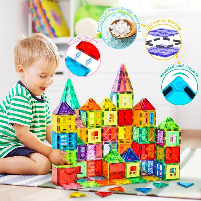 Dopyye 100 PCS Magnetic Building Tiles, Magnetic Block for Kids | Magnet Tiles STEM Educational Stacking Toys Gift with Storage Bag for Toddler Ages 3 4 5 6 7 8 9