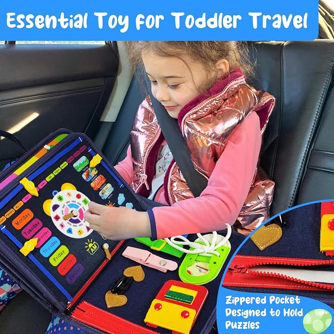 TenFans Busy Board for Toddlers 3+ Years Old, Montessori Sensory Toy | 8-Layer Felt, Educational Learning Fine Motor Skills Activity Board, Travel Toys for Car Airplane, Gifts for Boys Girls