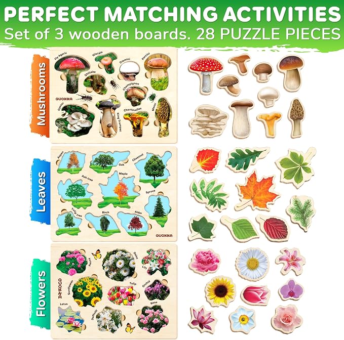 Wooden Puzzles for Toddlers 2-4 - 3 Montessori Kids Puzzles Ages 3-5 | Realistic Wood Educational Baby Puzzles 12-18 Months – Learning Toddlers Puzzles with Mushrooms Flowers Leaves
