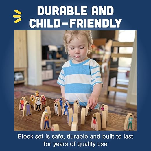 Constructive Playthings Wooden Community Helpers, Set of 25 | 25-Piece Wood Block Play Figurine Set, Freestanding Inclusive and Diverse Wood Toy Figures for Kids Ages 3+