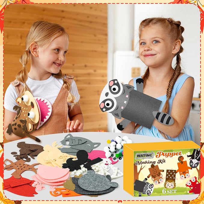WATINC Hand Puppet Making Kit, Felt Sock Puppet Toys for Kids (Woodland A) | 6 Styles, Make Your Own Storytelling & Role Play Crafts, Creative Group Activity, Party Favors & Gifts for Kids Ages 4-8
