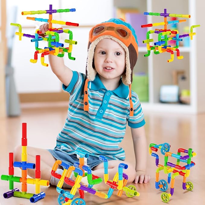 burgkidz STEM Tube Building Set: 188 Pcs Build Cars w/Wheels & Tub | Build cars, planes, houses & more: 162 tubes, 24 wheels, 2 baseplates. Compatible w/ major brands. Guide & tub included