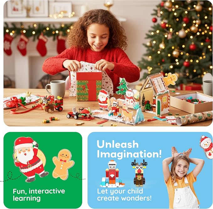 PicassoTiles Magnetic Tiles Building Brick Block Advent Calendar Christmas Theme Set Gingerbread House Holiday Toy Piece Surprise Countdown Magnet Tile STEM Learning Educational Gift for Kids PTA50