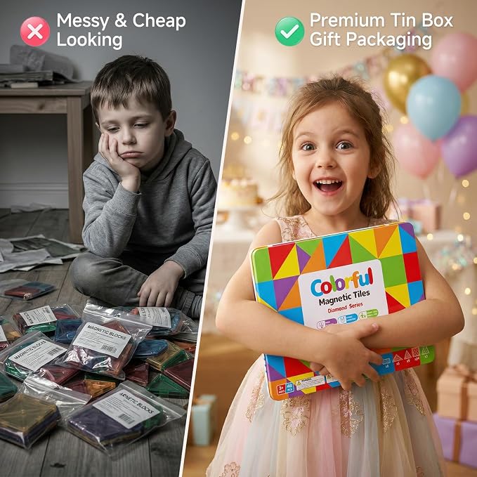Large Diamond Magnetic Building Tiles: 48 PCS Deluxe 3D Play Blocks | 3x Sparkling Transparent Cut - 7.5cm Big Size STEM Sensory Toy with Tin Box Storage Organizer for Toddlers Age 3-6 Birthday