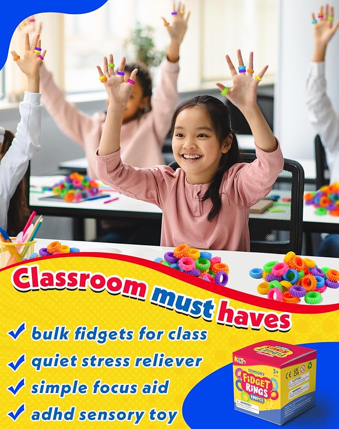 KLT Fidget Toys Bulk for Kids: 100pcs Textured Fidget Ring - Classroom Prize Box Quiet - Party Favors Gift Bags Stuffers - Sensory Bin Filler for ADHD Autism Kids Stress Relief (Pack of 2)