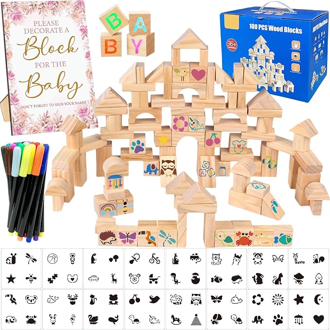 141 Pcs Baby Shower Game Sign Set Includes Decorative Square Signs 100 DIY Blank Wooden Blocks 20 Paint Markers(Flower)