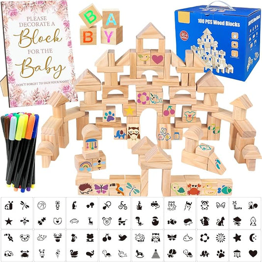 141 Pcs Baby Shower Game Sign Set Includes Decorative Square Signs 100 DIY Blank Wooden Blocks 20 Paint Markers(Flower)