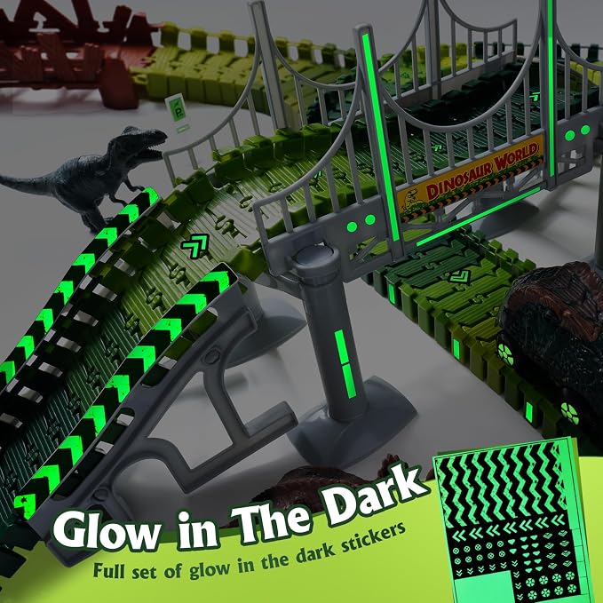 268 PCS Race Tracks Dinosaur Toys for Kids 3-5, Flexible DIY Track Set | Glow in The Dark Magic Toy Set, 2 Dinosaur Cars Track, Birthday Gift for Age 3-9 Boys Toddler Girls
