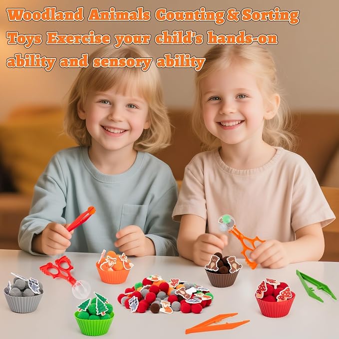 EZdhuawuse Woodland Animals Sensory Bin Fillers - 266Pcs Summer Animals Fine Motor Toys Sorting Stacking Toys for Kids, Felt Fox Bear Pom Poms Cup Clip for Preschool Education Development Activity