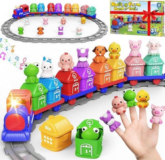 Electric Train Set for Toddlers 2-4 with Farm Animals, Music & Lights, Blue | Montessori Counting & Sorting Train Toy, 37 Pieces with 8 Farm Animal Finger Puppets and Numbered Barns for Toddlers
