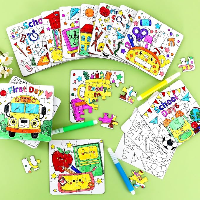 24 Sets Back to School Crafts for Kids Bulk, First Day of School DIY Arts Kits Puzzle Activities Bus Glasses Apple Pencil, Religious Jigsaw for Classroom Gifts, Party Favors, Coloring Games Supplies