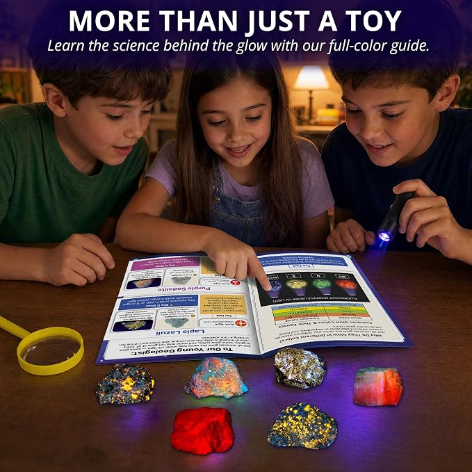 PIBEX Fluorescent Rock Science Kit, 6 Glowing Rocks, with UV Flashlight | 365nm UV Reactive Minerals ~1.5" Each, Fluorescence Experiment, Light-up Science Toy, STEM Geology Gift for Kids Ages 6-8-12