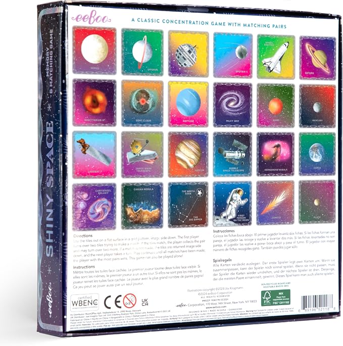 eeBoo Shiny Space Memory & Matching Game, Ages 5+, 1-6 Players | Introduces space & science vocabulary. Sharpens recognition, concentration & memory skills. Includes 48 foil tiles, 24 pairs
