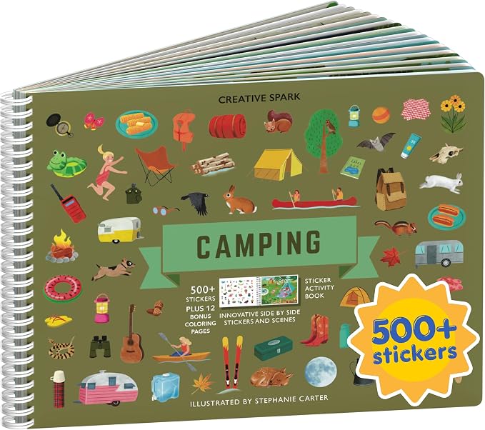 Camping 500+ Kids Sticker Book by Cupkin Fun Toddler Travel Activity Coloring and Sticker Book, Road Trip Essentials, 12 Coloring Pages + 12 Side by Side Scenes for Ages 2–8 Years