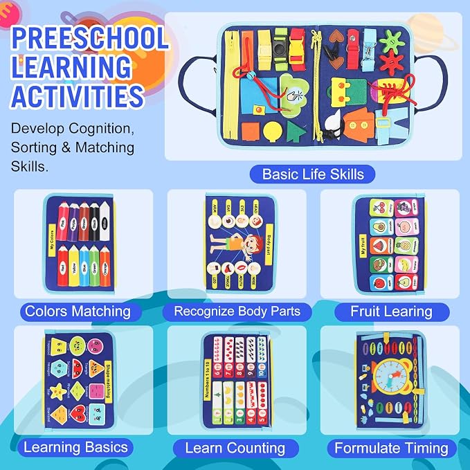 URBAN TOYS Toddler Busy Board for Kids Ages 3+, Montessori Busy Book, Sensory Learning Toy for Fine Motor Skills, Toddler Travel Essential for Airplane & Car, Gift for Boys & Girls
