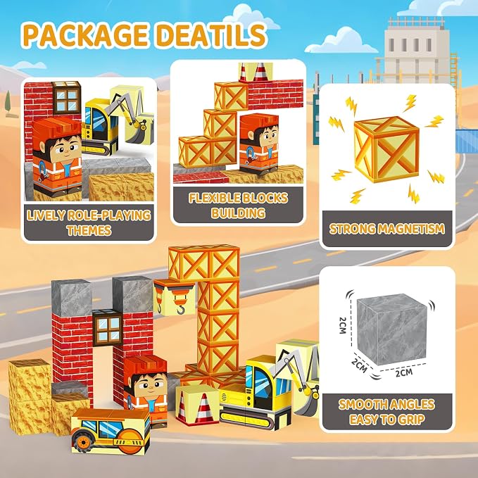 WMDXU Magnetic Cubes Boys Travel: Engineering Building Set with Storage Box | 35PCS Engineering-Themed Magnet Cubes, Hands-On Construction Fun for Boys, Road Trip Sensory Toy for Ages 3-8
