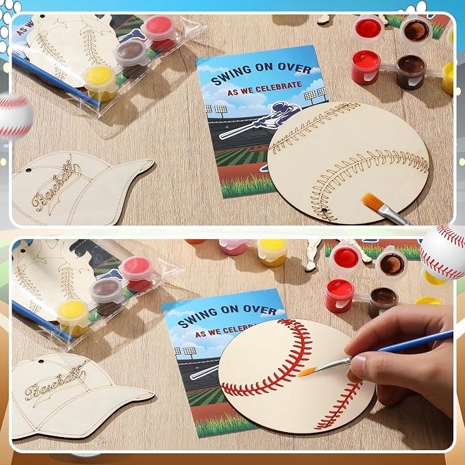 Saypacck 24 Pcs Baseball Party Favors Wooden Paint Craft Kits | Baseball Themed Craft Kit for Kids Birthday Party, Goodie Bags Fillers, Thank You Gifts, Paints Brushes Included