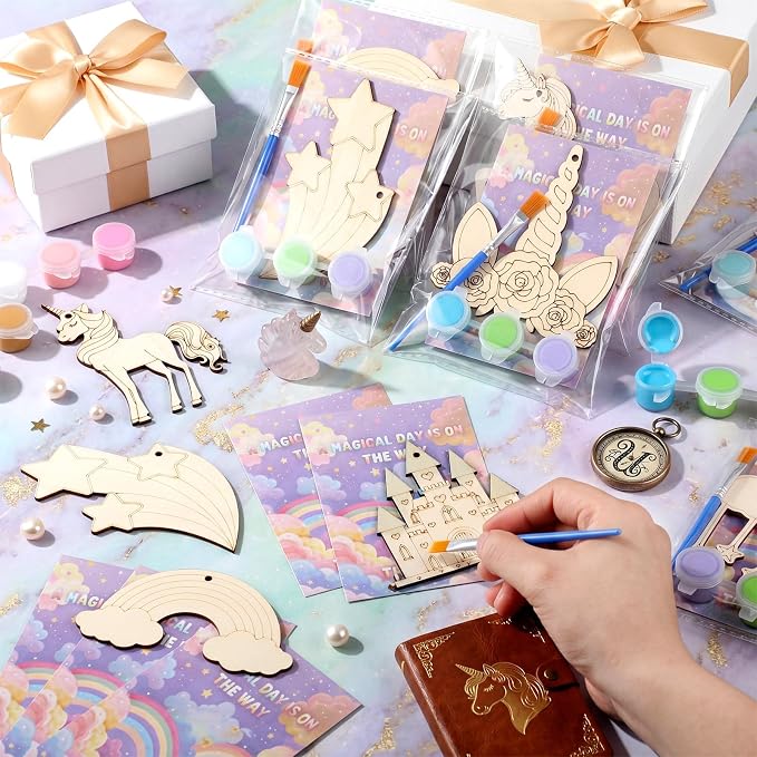 Saypacck 24 Pcs Rainbow Unicorn Party Favors Wooden Paint Craft Kits | Rainbow Designs with Paints, Packaged for Goodie Bag Fillers, Fun Craft Activity, Thank You Gifts and Decorations