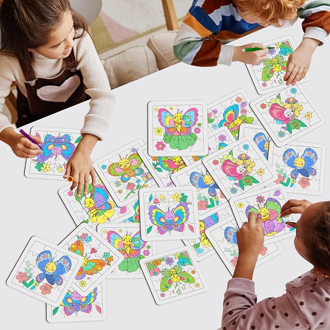 Cinrobiye 24 Pcs Butterfly Coloring Puzzle Craft Kit, DIY Butterfly Jigsaw Puzzles Bulk, 12 Designs Spring Arts Crafts Set, Butterfly Puzzle Party Favors, Creative DIY Party Supplies and Gifts