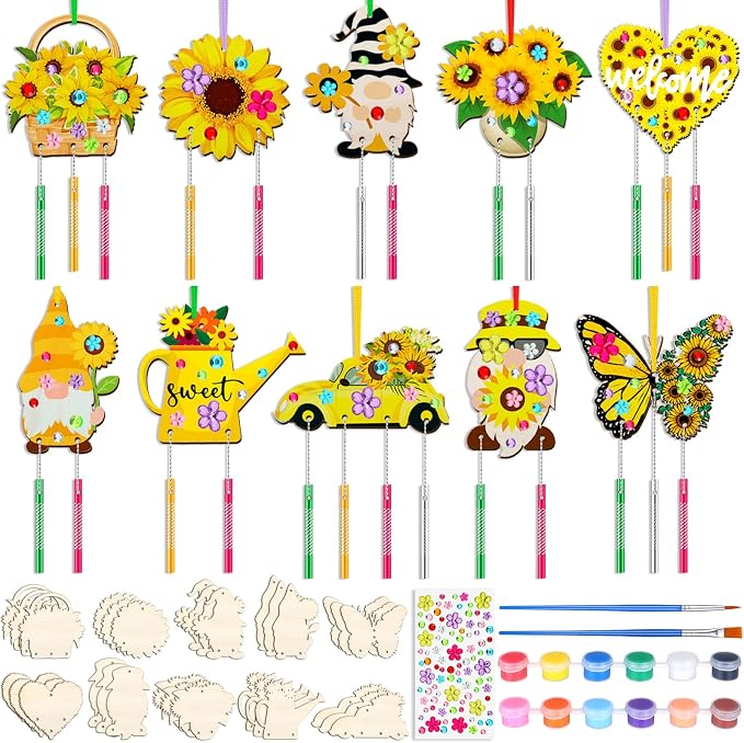 JellyArch 30 Pack Summer Crafts for Kids Wind Chime Making Kit DIY Set | Wooden Sunflower Butterfly Designs with Paints Brushes Stickers, Crafts for Classroom Summer Camp Party Activities
