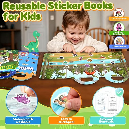 3PC Reusable Sticker Book for Toddler 3-5 Year Old, Travel Activity for Kid | Jelly Reuseable Stickers Roadtrip Airplane Car Ride Toys Preschool Classroom Activities for 3 4 5 6 Years Old Girls Boys Gift