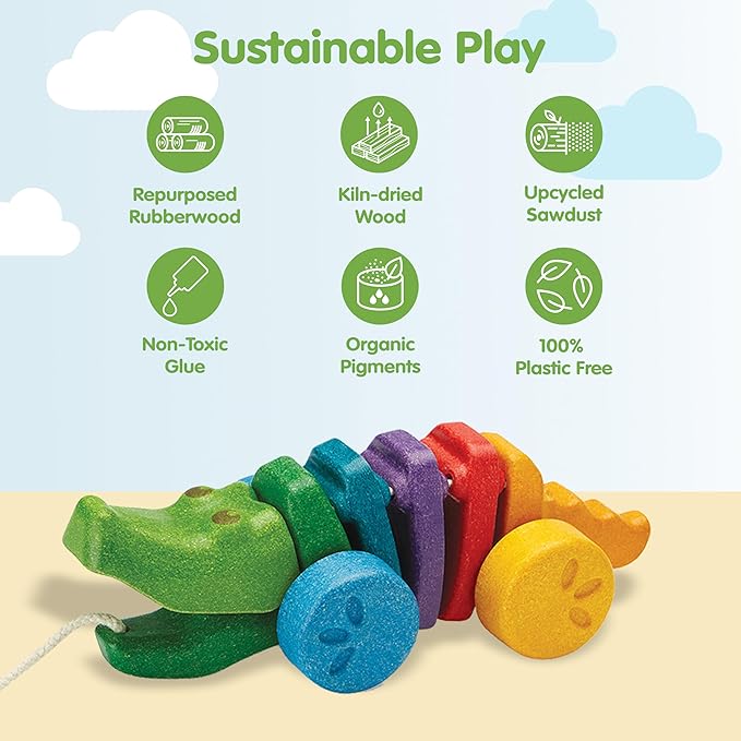 PlanToys® Rainbow Dancing Alligator Pull Toy for Toddlers | Eco-Friendly Wooden Toy with Click-Clack Sound | Walking Toy for Babies | click-clack sound, toddler pull toys, animal design, girls, boys, gross motor cause & effect learning gift idea for kids