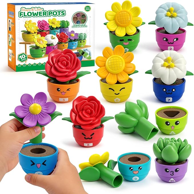Flower Garden Toddler Toys, Kids Gardening Building Toy, Color Shape Sorting & Matching Game, Montessori Stacking Sensory Learning Toys, 2 Year Old Girl Birthday Gift