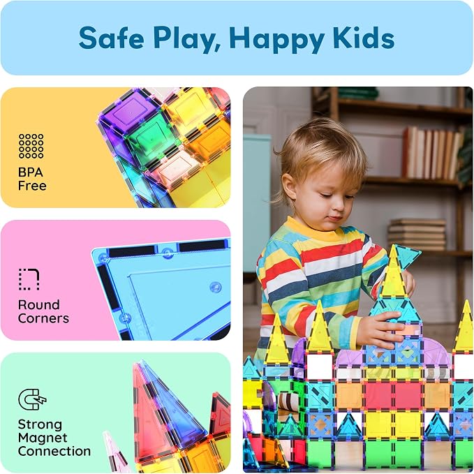 PicassoTiles 152 Piece Magnetic Tiles, Mirror Theme STEM Building Ages 3+ | Reflective finish pieces, connects from any angle, includes bonus car, compact storage case, screen-free sensory play
