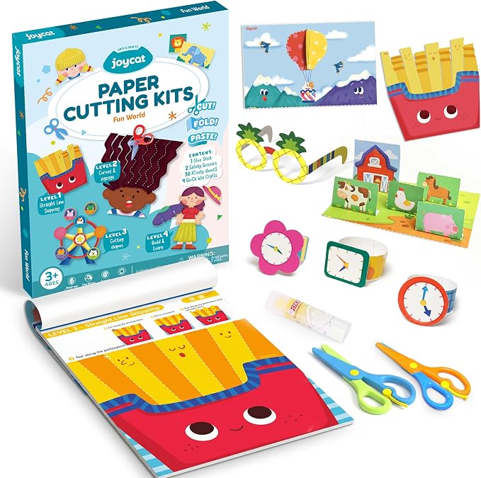 JoyCat Scissor Skills Activity Kit, Toddler Scissors Ages 3-5, Happy Days | Preschool workbook with 34 cutting activities, scissors for kids and glue for 4-level everyday toddler arts and crafts.