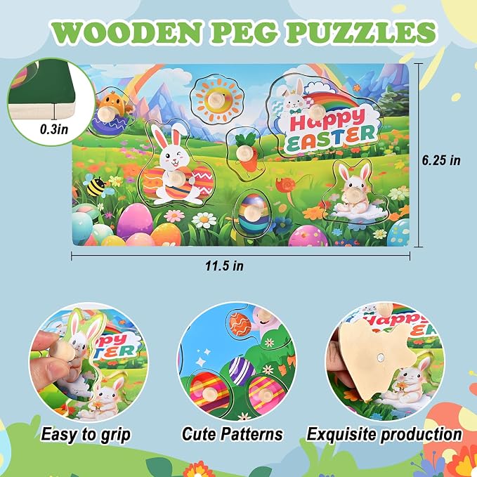 Easter Basket Stuffers-2 Pack Easter Puzzles | Wooden Peg Puzzles for Toddlers 1-3, Montessori Learning Toys, Easter Basket Fillers Gifts Party Favors for Kids Boys Girls