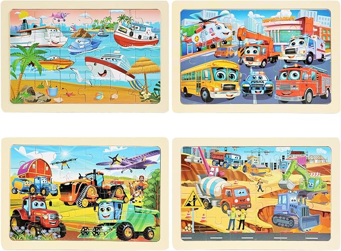 Wooden Puzzles for Kids Ages 4-6, 24 Piece Vehicle Car Construction Jigsaw Puzzles 4 Packs, Preschool Toddlers Learning Activity Puzzles Toys for Boys Girls 3 4 5 6 Years Old