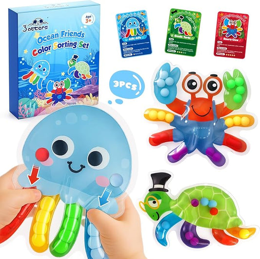 3 Otters Color Sorting Sensory Toys, Sea Animal Matching Game, 3PCS | for Toddlers, Fine Motor Practice, Color Recognition, Emotional Development, Confidence Building, and Classroom Fun