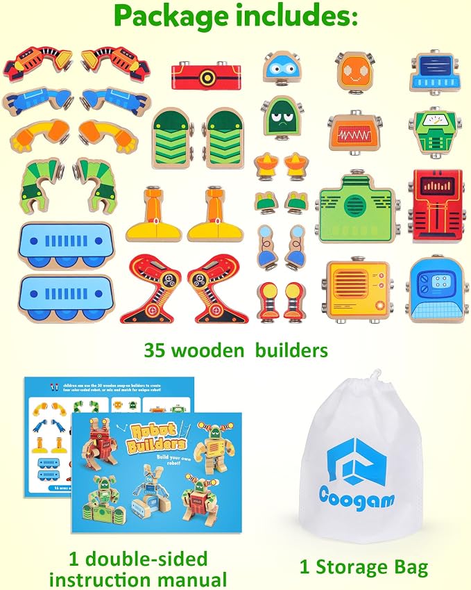 Coogam Fine Motor Building Robot Blocks for 3 4 5 Years Old Kids | Wooden Snap Together Builders, STEM Take Apart Robot Playset, Educational Learning Toy Gift for Boys Girls